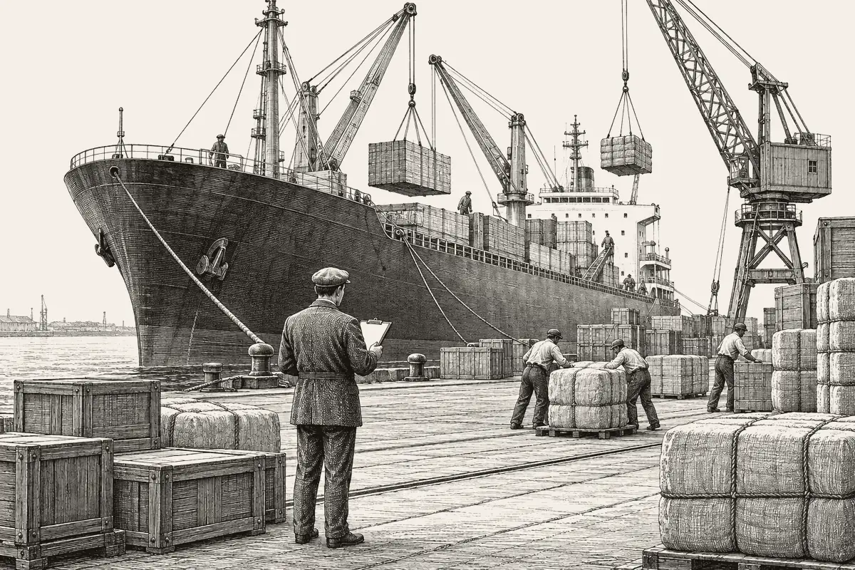 Engraving-style illustration of cargo being tallied on a quay beside a moored ship.