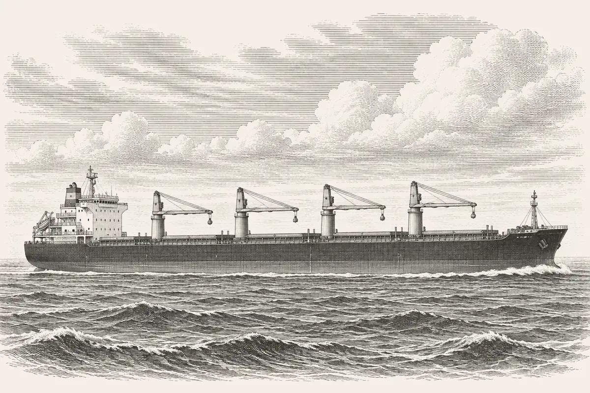 Engraving-style illustration of a bulk carrier with deck cranes at sea.