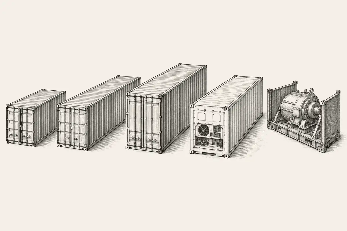 Engraving-style illustration of five container types side by side.