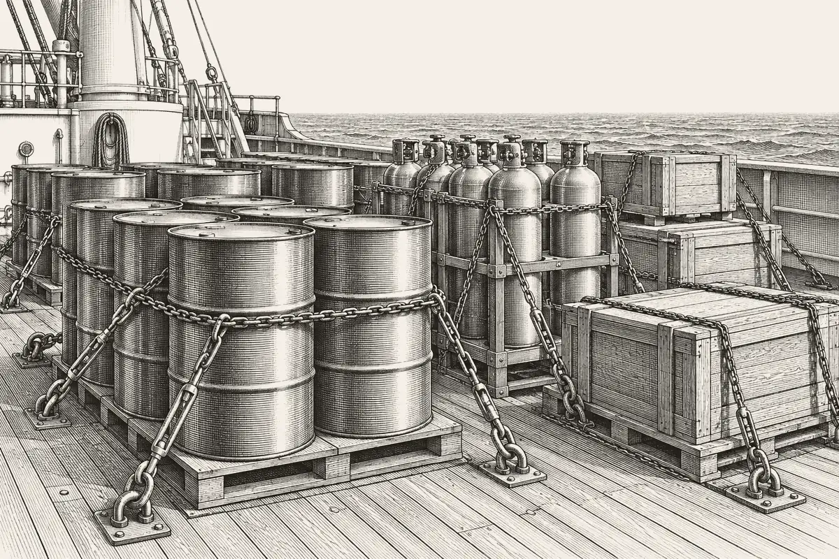 Engraving-style illustration of drums, gas cylinders and crates lashed on a ship's deck.