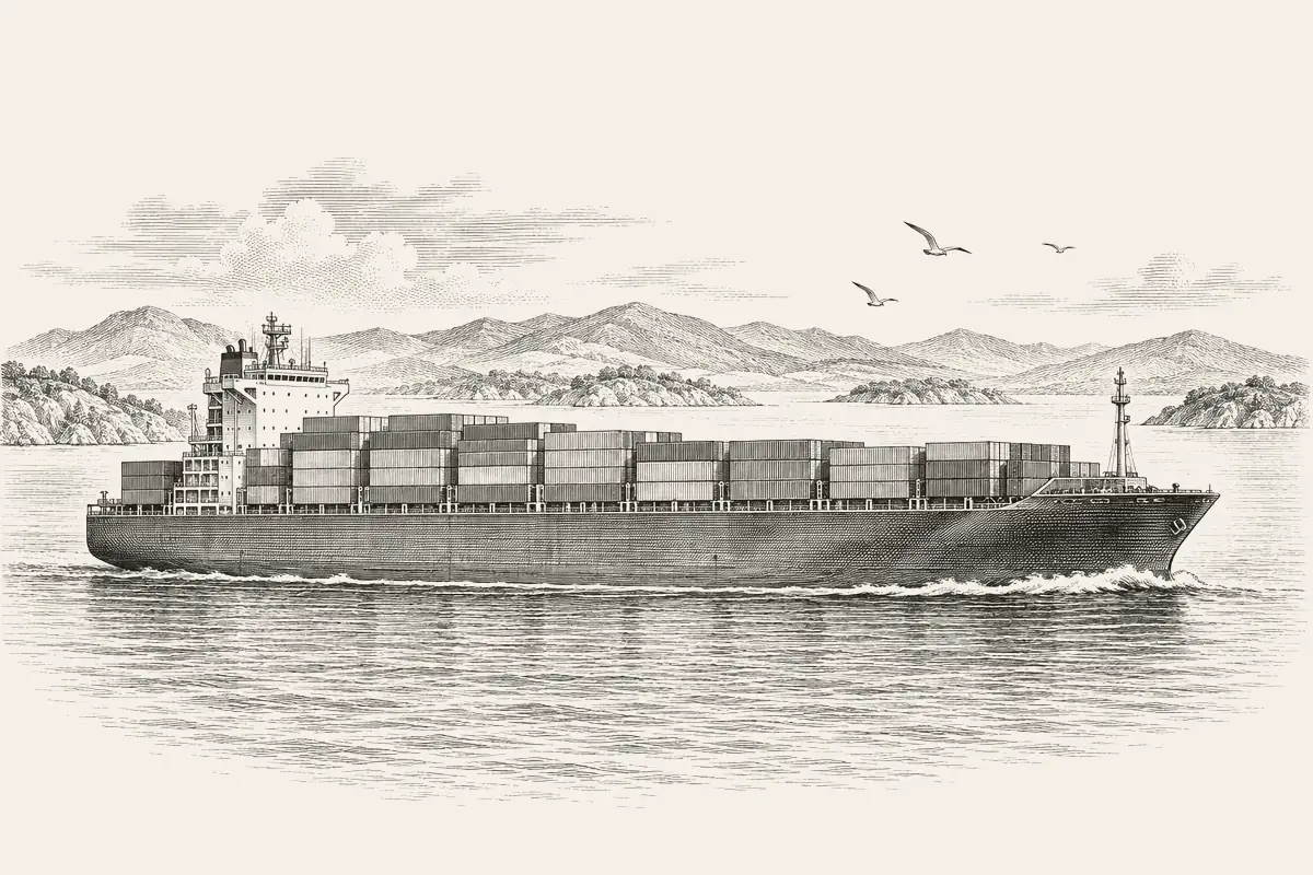 Engraving-style illustration of a cargo ship under way along a hilly coast.