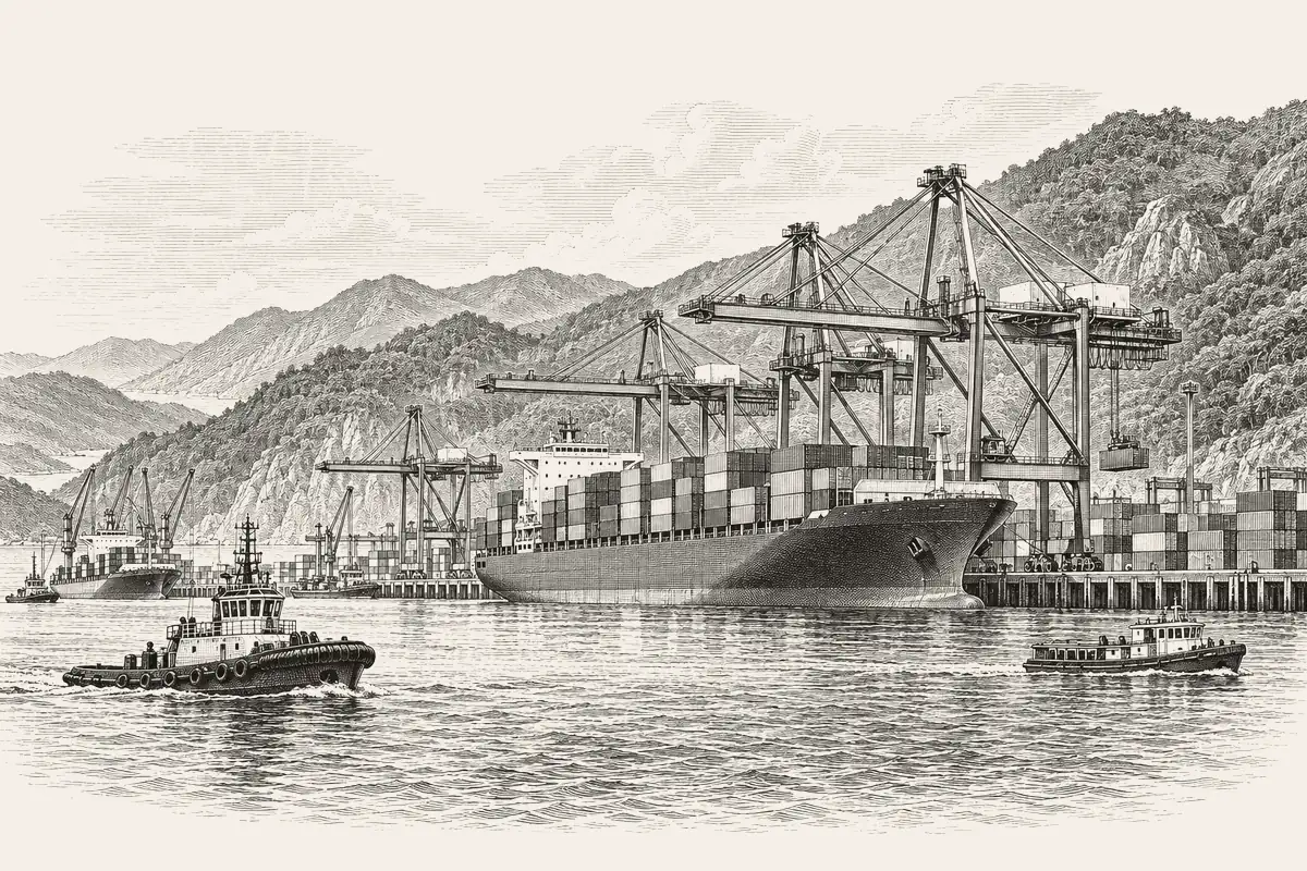 Engraving-style illustration of a container port below steep hills.