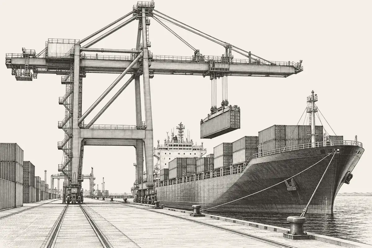 Engraving-style illustration of a quay crane lifting a container over a ship's rail.
