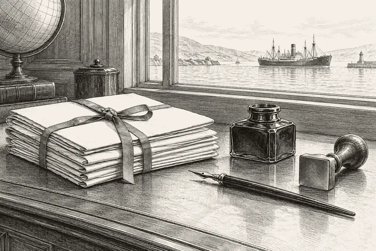 Engraving-style illustration of tied documents, an inkwell, a pen and a seal stamp on a desk.