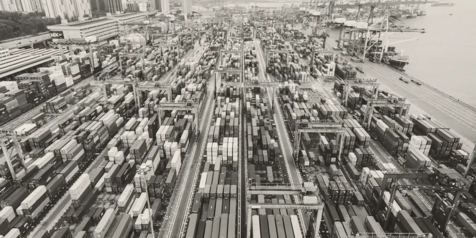 Rows of stacked containers in a port terminal, seen from above.