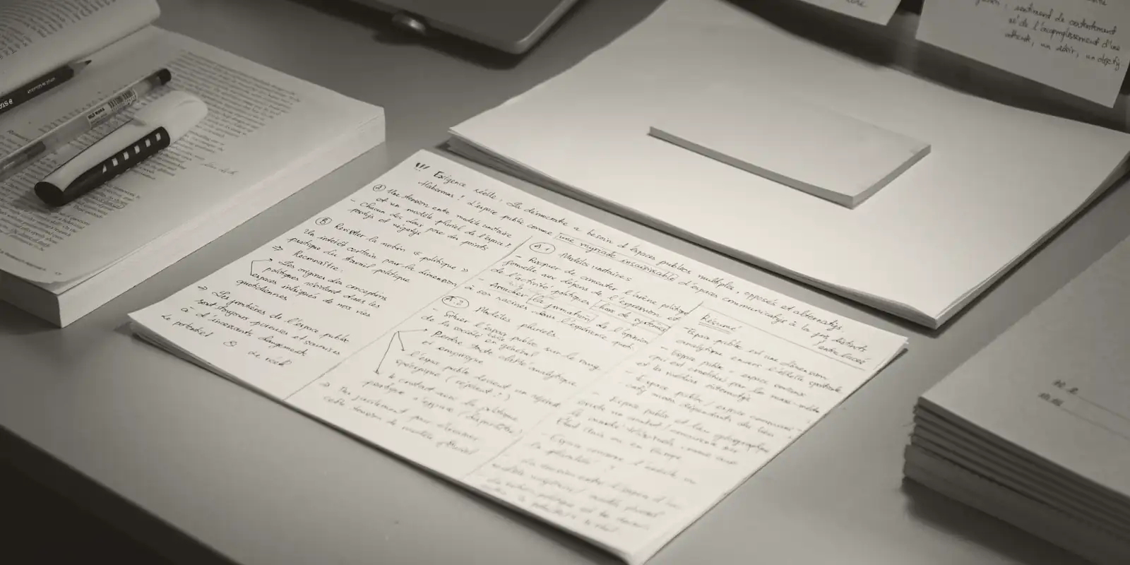 Papers, notes and pens on a desk.